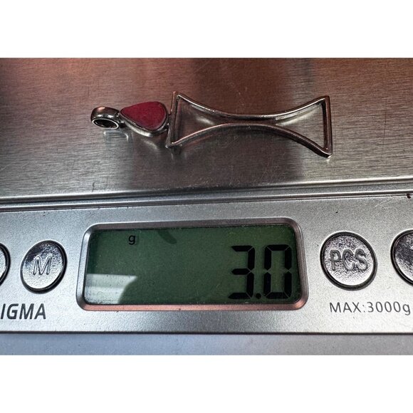 Vintage Sterling Silver 925 Red Stone Modernist Hourglass Pendant Estate Jewelry - Picture 8 of 9